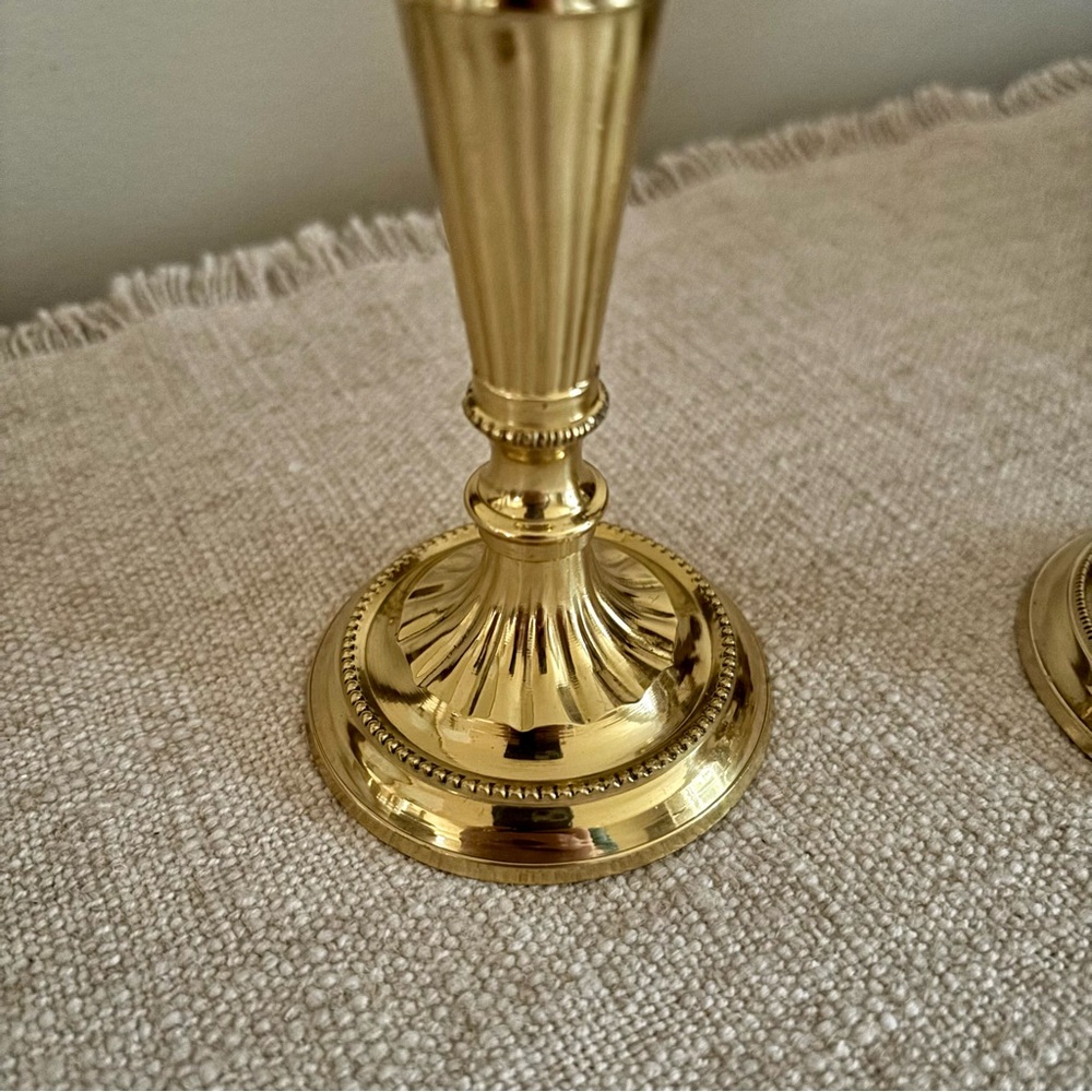 Vintage Brass Candlesticks Pair Fluted Beaded Aged Patina - Picture 3 of 5